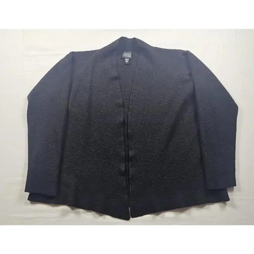 EILEEN FISHER Women's Wool Asymmetrical‎ Open Front Cardigan Black/Grey Size L